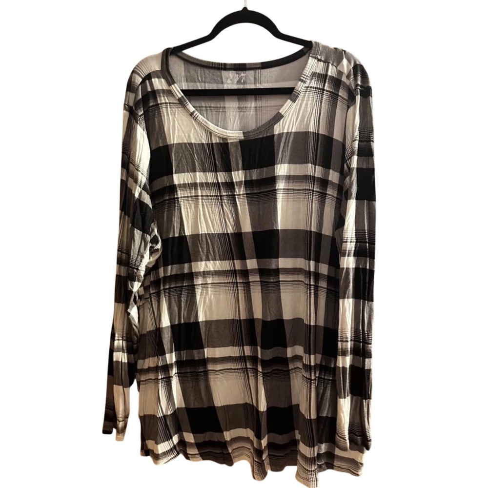 24/7 Comfort Apparel Plaid Tunic 3X Black White Long Sleeve Scoop Neck Stretch